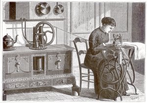 Silnik parowy Daussina, podgrzewany na kuchennym piecu, używany do napędzania maszyny do szycia, z "La Nature", opublikowanej w 1883 r.
